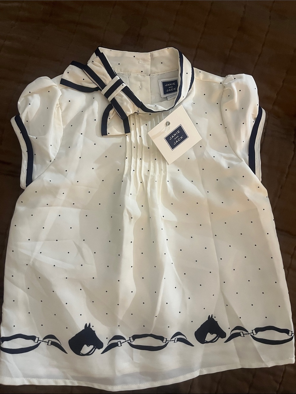 Janie and Jack Cream Blouse with Navy Trim and Horse Border